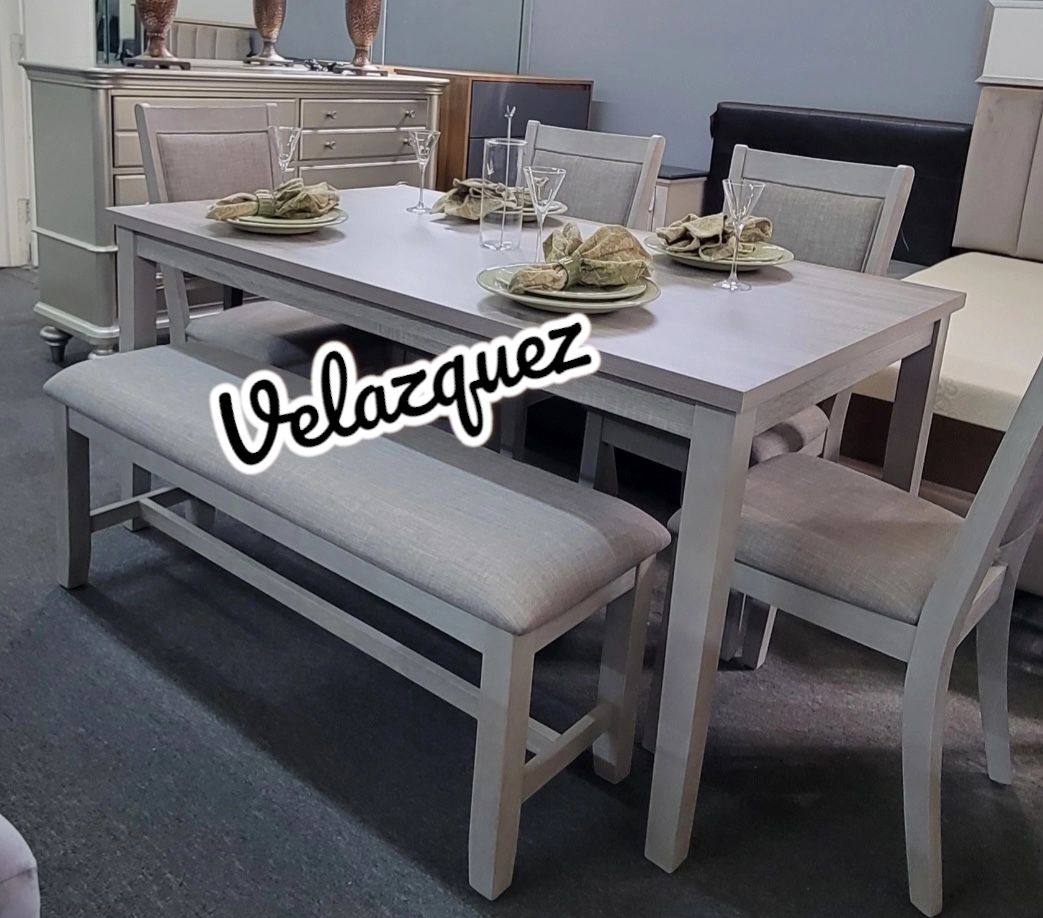 ✅️✅️ 6 pc light finish wood  dining table set padded seat chairs and bench ✅️✅️