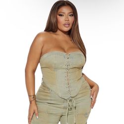 Size 2X and 14 Fashion Nova Denim Corset Top And Straight Leg Jean - Light Green