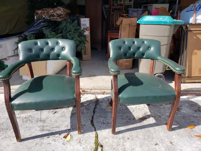 Pair Of Vintage Green Leather Chairs