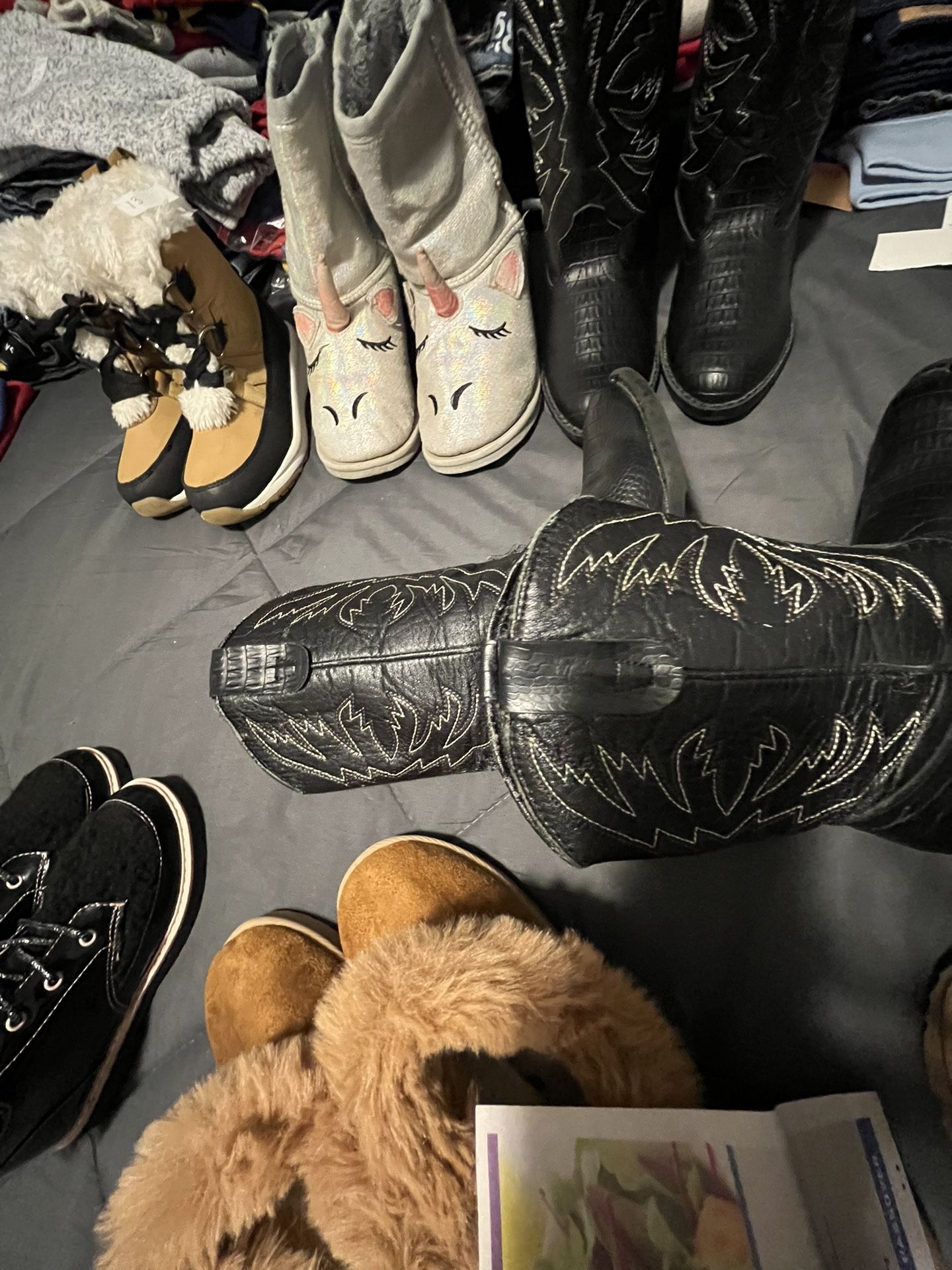 Used! Girl Boots Size 13 Very Good Condition!! Unicorn, Black Cowboy Boots, Tan Fur Black, $15, $20, Each ( Take All 3 Pairs For $55 This Week!!