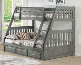 AVAILABLE IN DIFFERENT COLORS. BUNK BED TWIN OVER FULL WITH 3 DRAWERS OR TRUNDLE. $53 DOWN PAYMENT.