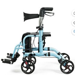 Goplus Folding Medical Rollator Walker Aluminum Transport Chair Adjustable Handle Blue