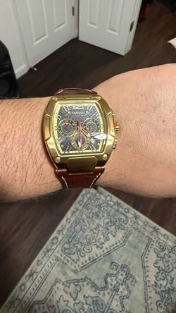 Gold Tone Chronograph Watch Brown Leather Strap