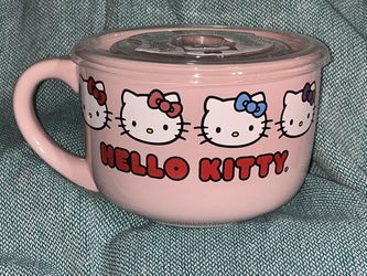 Hello Kitty Pink Ceramic Bowl Mug With Pressure Release Lid NEW