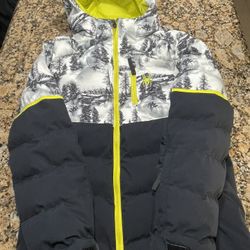 Spyder Boys Ski Jacket Size 14 Gray Yellow Tree Print Hooded Insulated