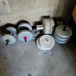 Weights, some homemade, and bench