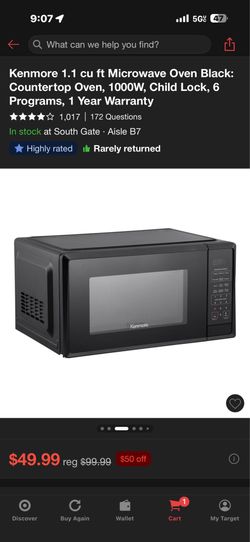 New Kenmore 1.1 cu ft Microwave Oven Black: Countertop Oven, 1000W, Child Lock, 6 Programs, 1 Year Warranty