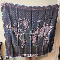 LOUIS VUITTON World Map 100% Silk Scarf 35”x35” LV Monogram Navy Blue