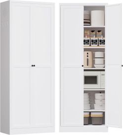 72" Tall Kitchen Pantry Cabinet,White Metal Pantry Cabinet with 2 Doors & 5 Adjustable Shelves,Utility Storage Cabinet for Living Room,Garage,Basement