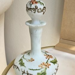 Vintage Floral Hand Painted Milk Glass Vanity Perfume Bottle Decanter