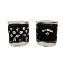 NBA Jack Daniels Old No 7 Basketball Glass Cup Low-ball Whiskey Bourbon Set Pair