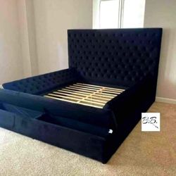 Queen Size Velvet Bed Frame in Black By ASHLEY 