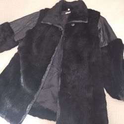 Ladies Black Rabbit And Leather Coat Size Large $125.00