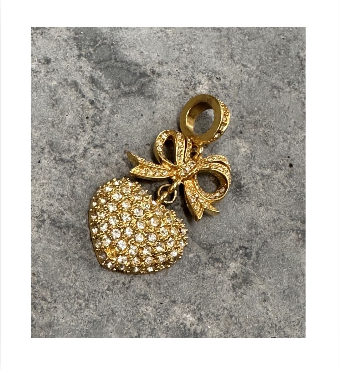 Joan Rivers Signed Vintage Gold Plated Heart & Bow Pendant CZ 2” L Stunning MINT