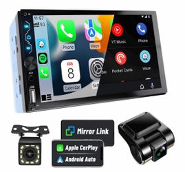 Double Din CarPlay Stereo + Backup Camera & Dash Cam – 7" Full HD Touchscreen