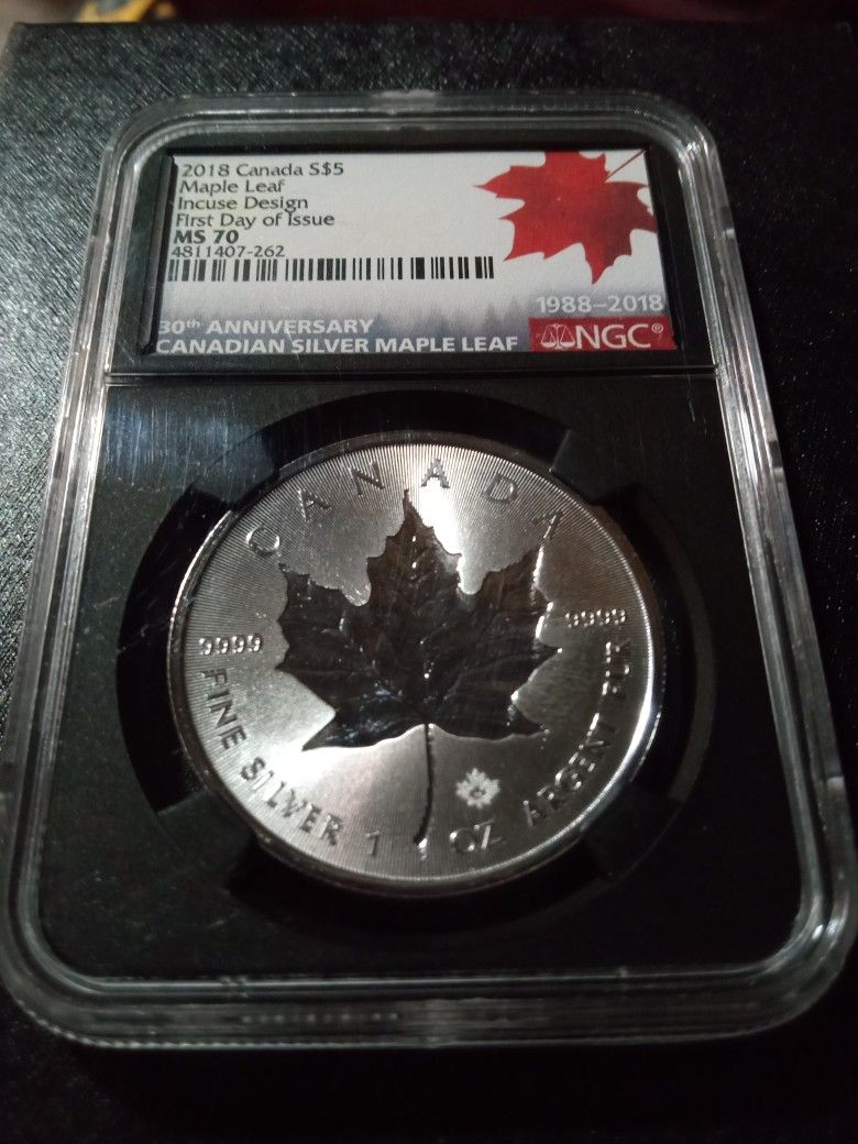 2018 Canada S$5 Maple Leaf Incuse Design MS 70 1 Oz Silver Coin