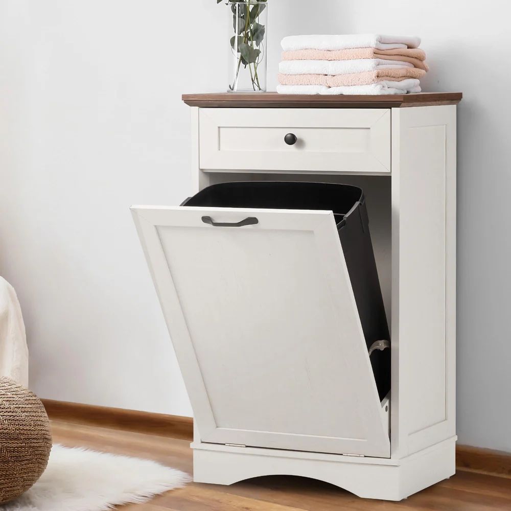 13 Gallon Tilt Out Trash Cabinet Kitchen Waste Bins, Laundry Hamper Tilt Out Pet Proof Hidden Trash Bin for Kitchen Living Room,White