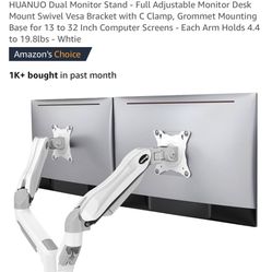 2x Monitors w/ Hydraulic Clamp Stands - Space-Saving & Adjustable
