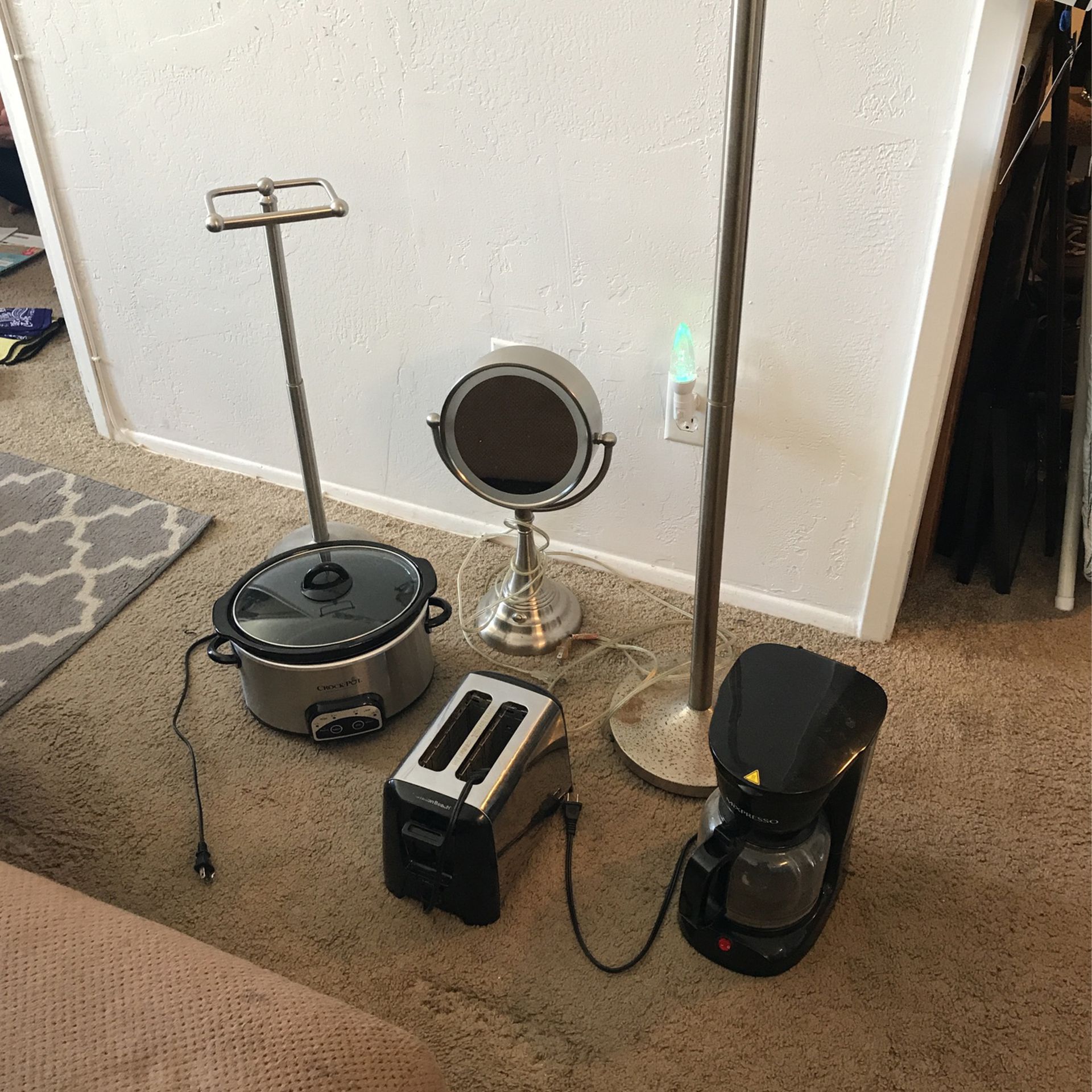 Bathroom And Kitchen Stuff Bundle Stainless Steal Toilet Paper Holder, Standup Lamp, Mirror, Crock-pot, Toaster, Coffee Maker,Hamilton Beach,Mixpresso