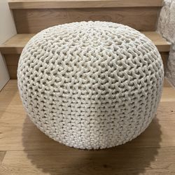 Boho Cream Cotton Upholstered Pouf Ottoman with Braided Edge Detail