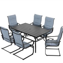 7PCS Padded Textilene Patio Dining Set with Umbrella Hole, C-Spring Motion