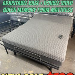 NEW QUEEN ADJUSTABLE BASE SET/ADJUSTABLE BASE + DOUBLE SIDED QUEEN MEMORY FOAM MATTRESS 