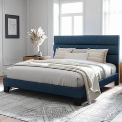King Size Platform Bed Frame with Fabric Upholstered Headboard and Wooden Slats Support