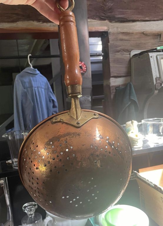 Another Great Find. Vintage Copper Sifter Sieve Strainer With Brass & Wood Handle & Hanging Ring