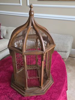 Antique Octagonal Molded Domed Wooden Bird Cage 27" High X 17" Wide