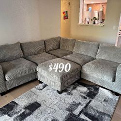 Beautiful 4-Pc Gray Sectional Sofa With Ottoman 