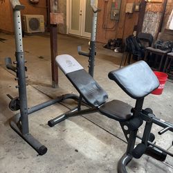 golds gym xrs 20 olympic workout bench with weights and barbell