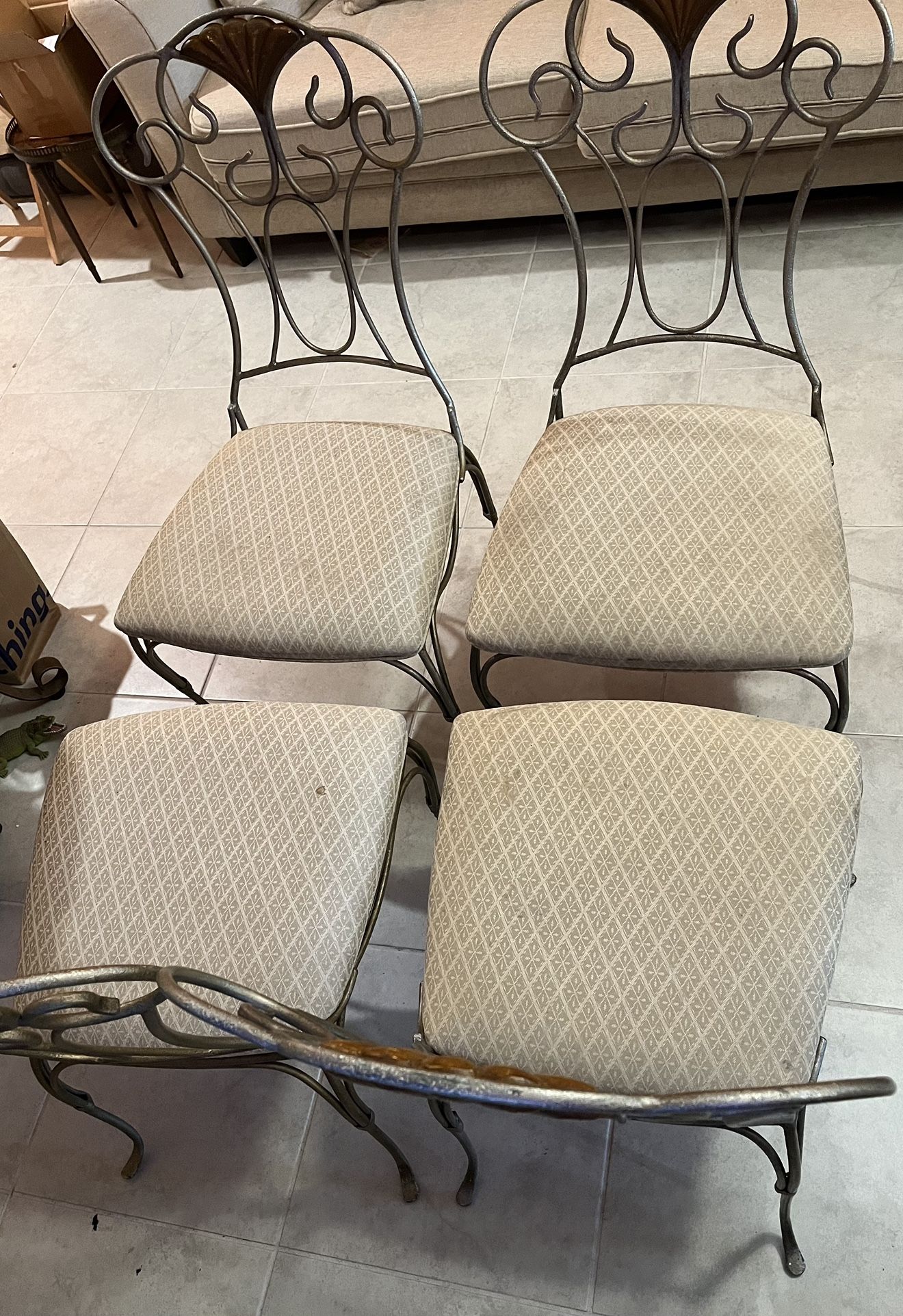 Iron Backed With Scroll Work. Brocade Seating. Set Of 4.