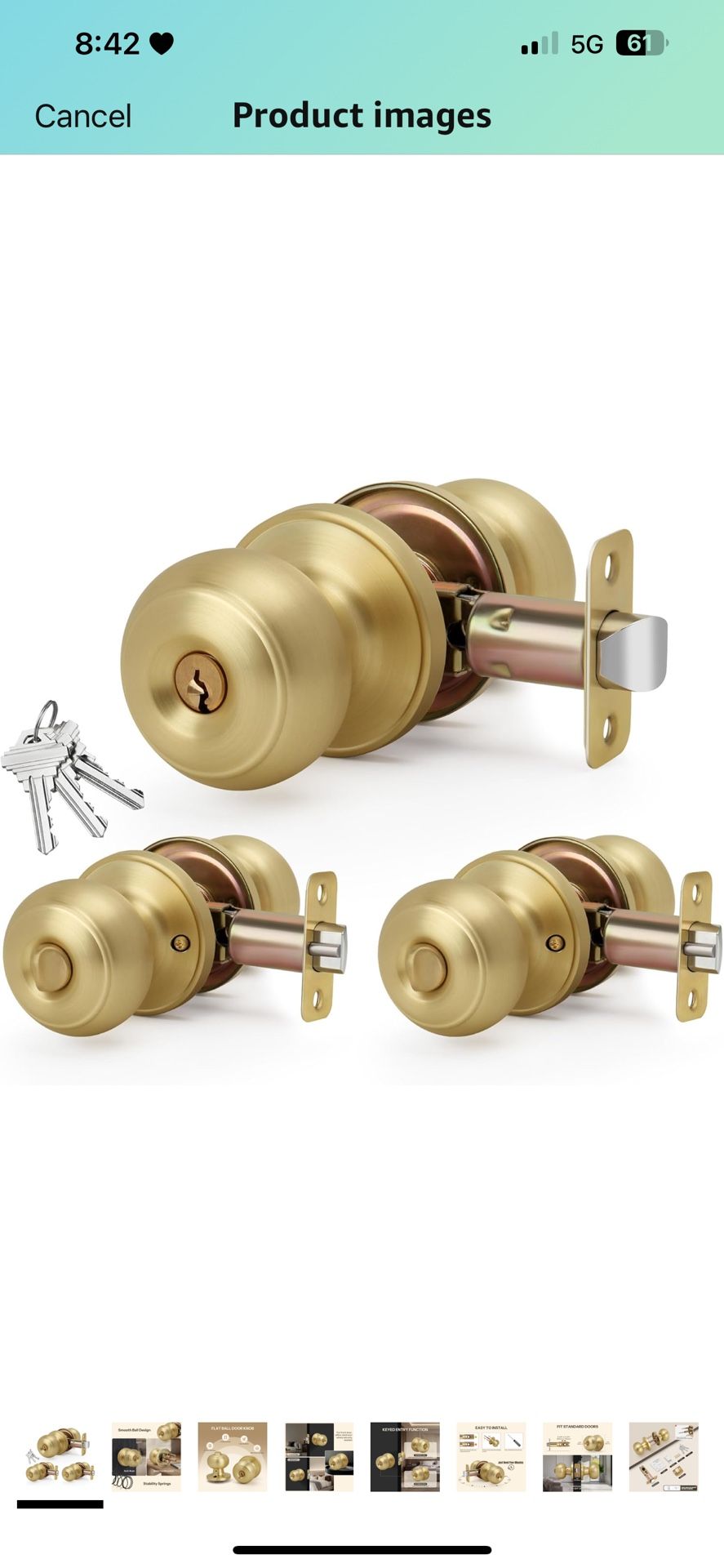 Brushed Gold Keyed-NOT-Alike Flat Ball Door Knob with Keys and Lock, 3 Pack Wholesale Keyed Entry Round Design Doorknob for Front/Entrance Doors, Sati
