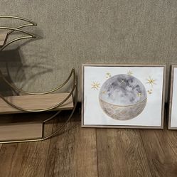 Gold & Wood Moon Shelf with 2 Moon Star Wall Art Pieces