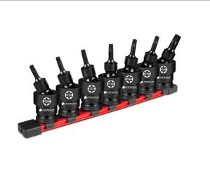 7PCS 3/8" Drive Universal Swivel Impact Torx Socket Set, T20-T50, CR-MO Wobble Star Sockets With Hanging Bracket for Dead Angles, Auto Repair, Mechani