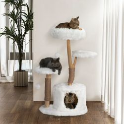 Modern Cat Tree Tower, 42-in  for Large Cats, Natural Branch Cat Condo with 3 Platforms, Scratching Posts, Cat Cave Bed, White, NEW 