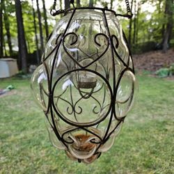Mid-Century Seguso Handblown Murano Amber Glass Cage Italian Pendant Light 1940s 