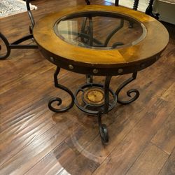 Reduced!!Handcrafted Round Iron & Wood Accent Table with Glass Inset – Matching Companion Piece
