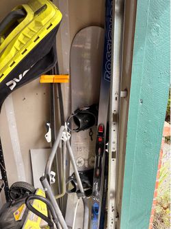 Snowboard and skis