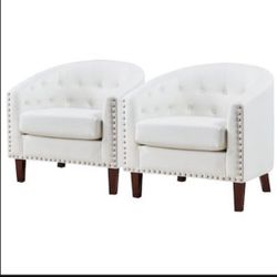 New  white tufted faux leather , small club bar /waiting area barrel chair w/nailhead trim