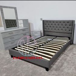 NEW GRAY QUEEN BEDFRAME MIRROR DRESSER AND 1 NIGHTSTAND. 4 PIECES. SET ALSO SOLD SEPARATELY 