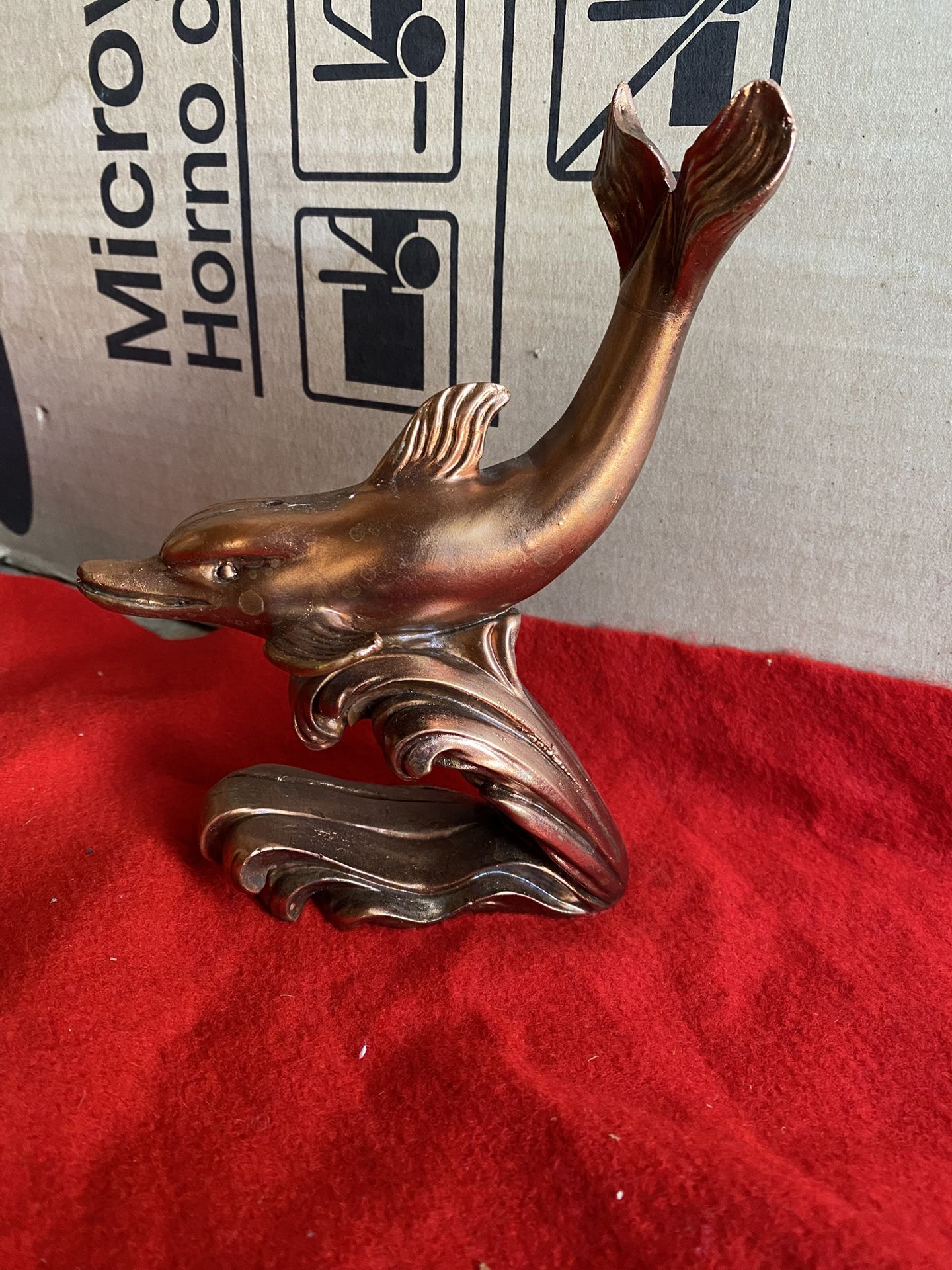 7 Inch Copper Plated Alabaster Greek Dolphin Statue Imported From Greece