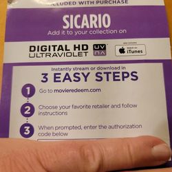 $4 DIGITAL MOVIE CODE SICARIO $4 OR TRADE FOR A MOVIE I DONT HAVE ALREADY.