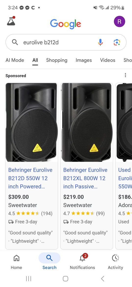Behringer Eurolive B212D ACTICE 2way 550w 12" PA Speaker System