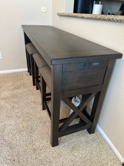 Dark Wood Console Dining Set with 3 Stools and Power Outlets