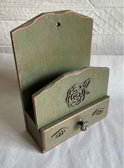 Small Vintage Upcycled Rustic Green Wooden Wall Letter Holder with Drawer