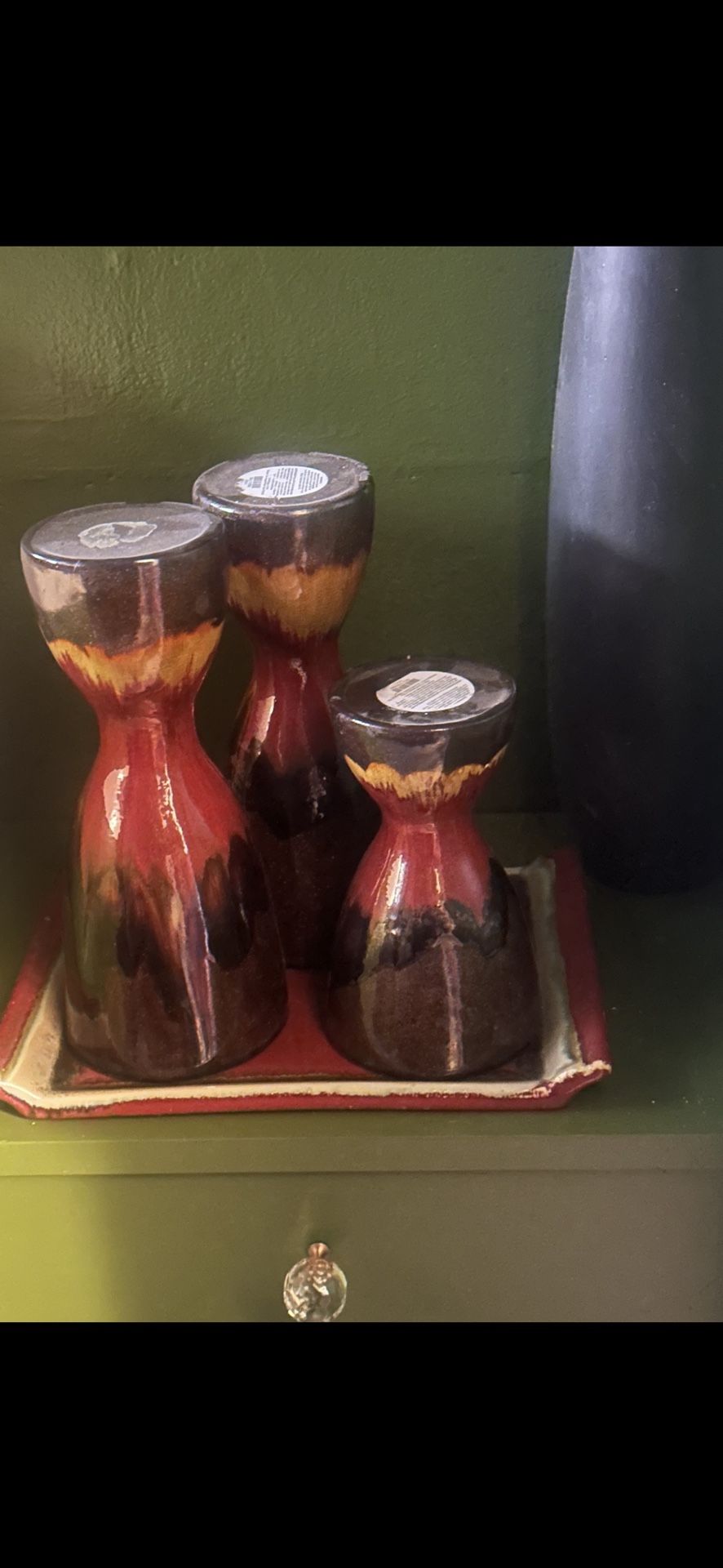 3 Boho Pier 1 Shimmer Drip Glazed Pillar Candle Holders W Matching Tray