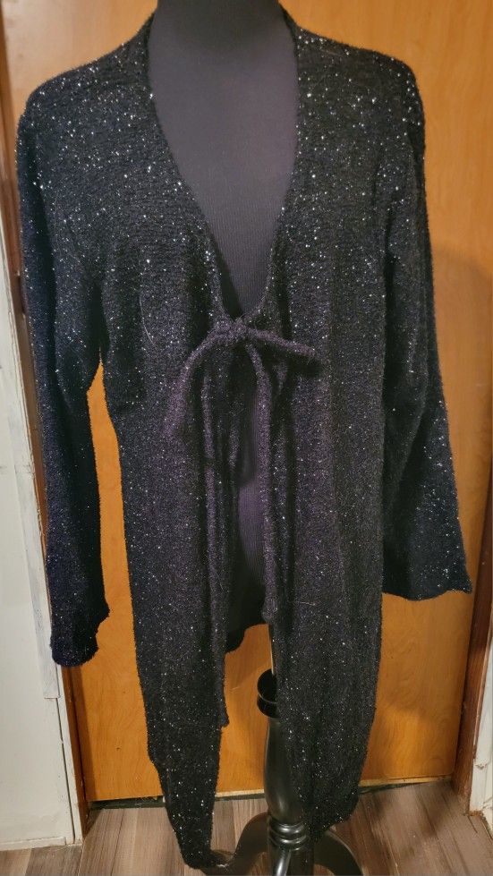 Style & Co. Womens Drapey Bell Sleeves Cardigan With Tie Sweater Black Medium