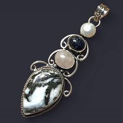 White Buffalo, Rose Quartz, Blue Sunstone, Pearl 3" Pendant