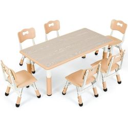 Adjustable Kids Table and 6 Chairs Set, Toddler Play Activity Table Set with Graffiti Tabletop, Preschool Kids Furniture Table Set for Reading, Drawin